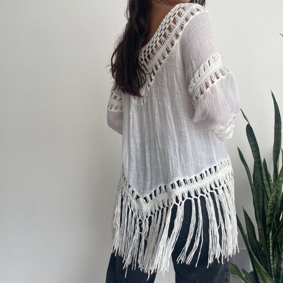 White boho crochet fringe tunic cover up top - Picture 3 of 7
